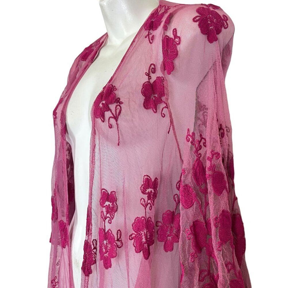 Dee Elly Pink Lace Embroidered Open Sheer Coverup Top Jacket Floral Fairy sz S - Picture 8 of 16